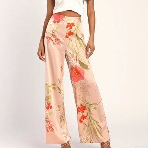 Lulus Light Pink Floral Print Satin Wide-Leg Pants Sz XL